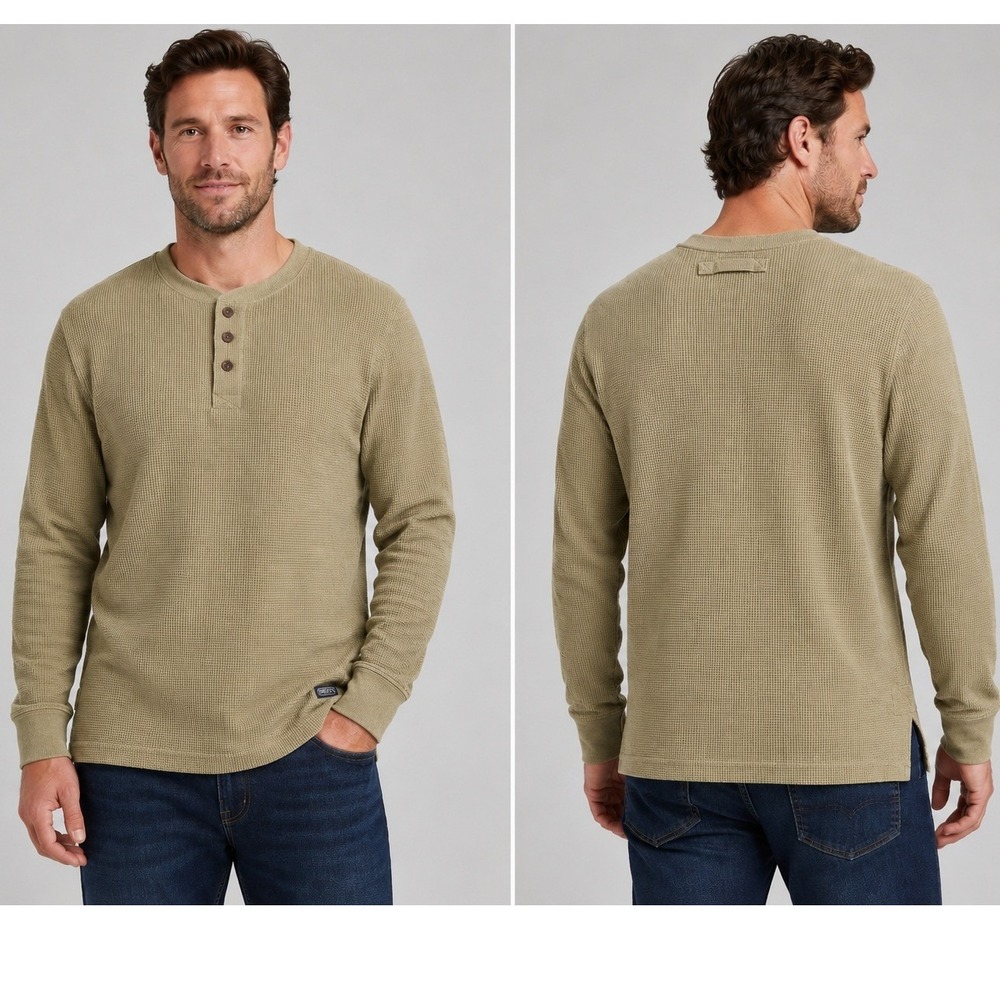 Smiths Workwear Mens Henley Shirt Medium Tan Khaki Waffle Thermal Long Sleeve